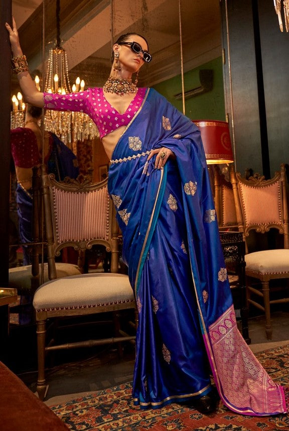 Grand Blue Color Satin Fabric Partywear Saree