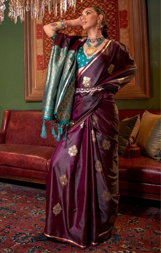 Grand Wine Color Satin Fabric Partywear Saree