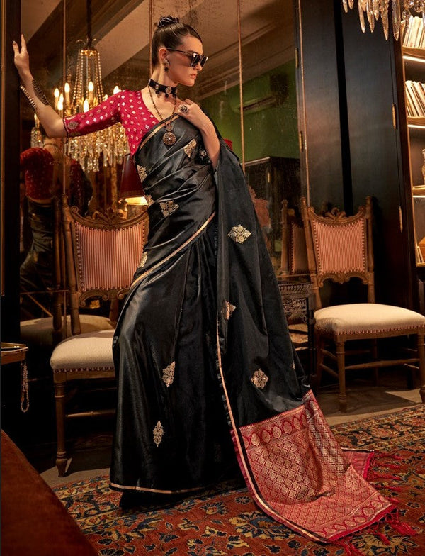 Grand Black Color Satin Fabric Partywear Saree