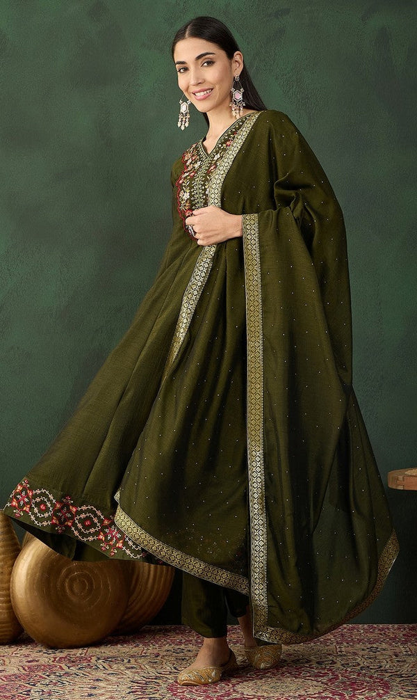 Amazing Green Color Vichitra Fabric Designer Suit