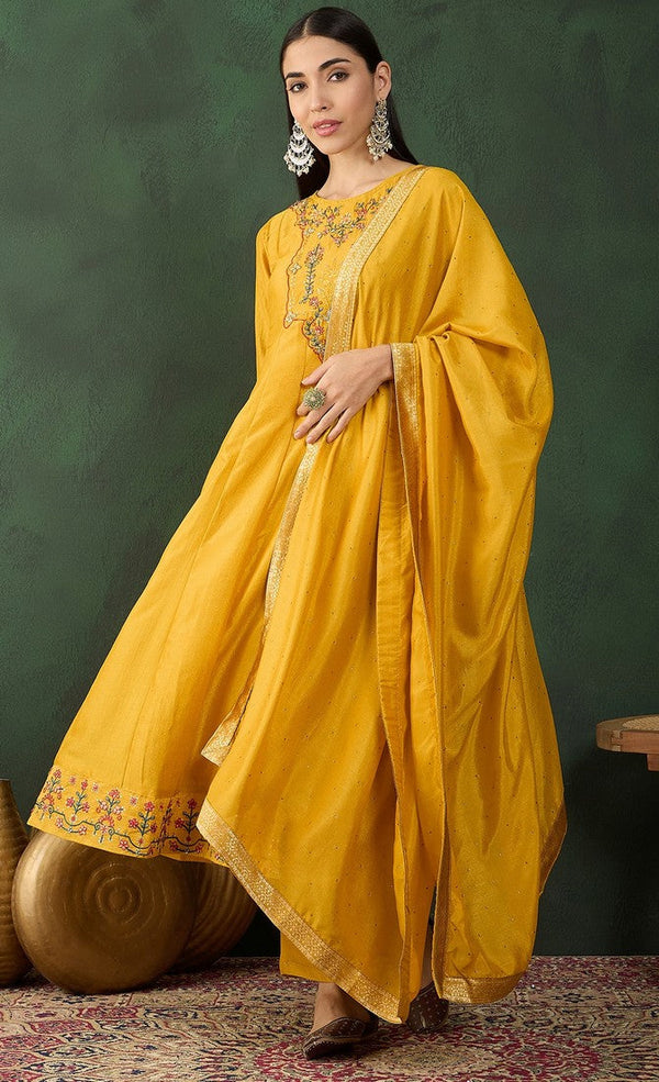 Amazing Yellow Color Vichitra Fabric Designer Suit