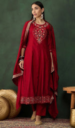 Amazing Red Color Vichitra Fabric Designer Suit