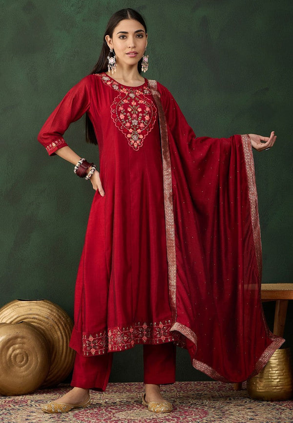 Amazing Red Color Vichitra Fabric Designer Suit