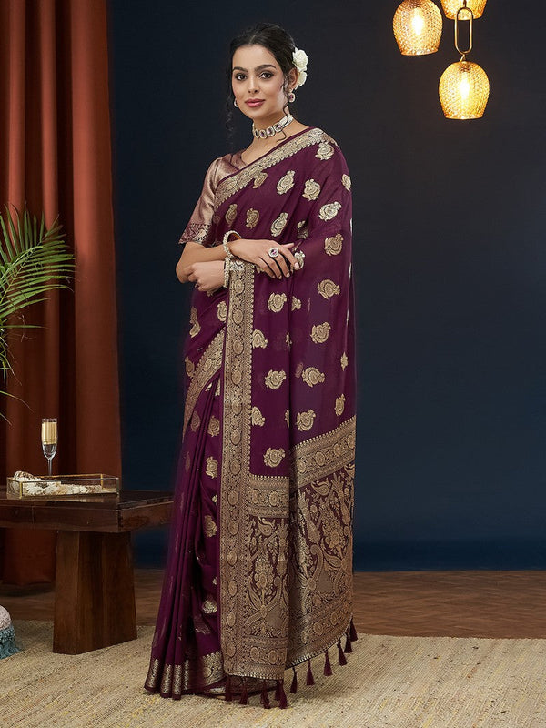 Grand Wine Color Georgette Fabric Partywear Saree