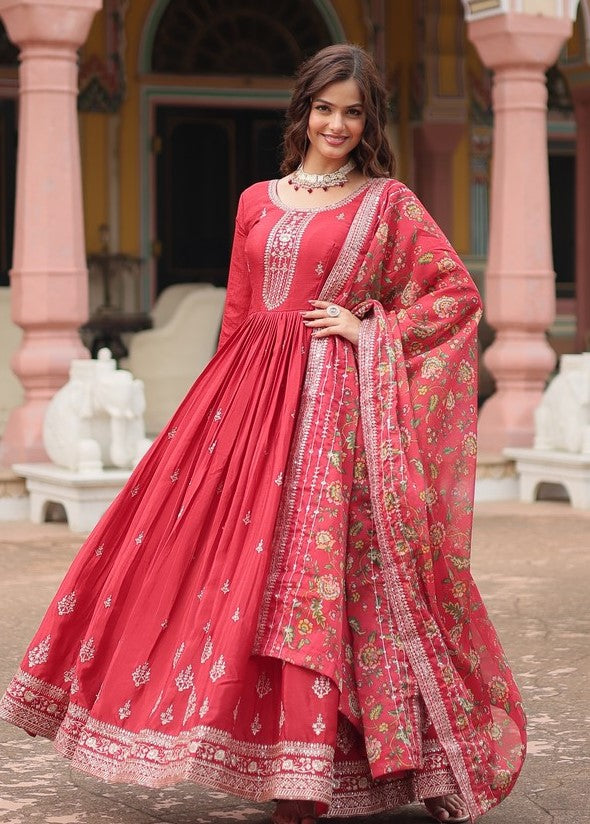 Amazing Red Color Chinon Fabric Gown