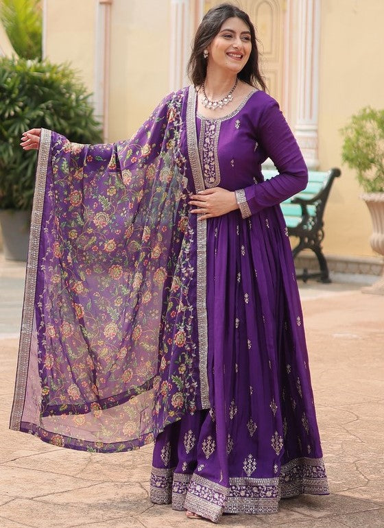 Amazing Purple Color Chinon Fabric Gown