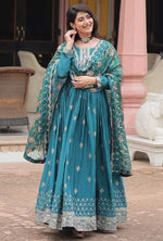 Amazing Teal Color Chinon Fabric Gown