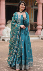 Amazing Teal Color Chinon Fabric Gown