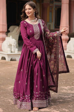 Amazing Wine Color Chinon Fabric Gown