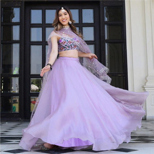 Magnetic Purple Color Organza  Fabric Party Wear Lehenga