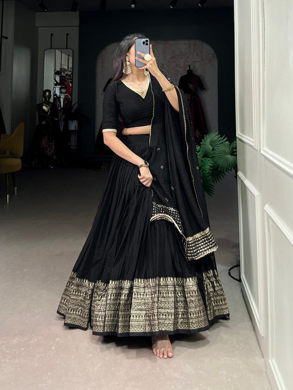 Magnetic Black Color Chanderi Fabric Party Wear Lehenga