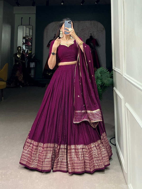 Magnetic Wine Color Chanderi Fabric Party Wear Lehenga