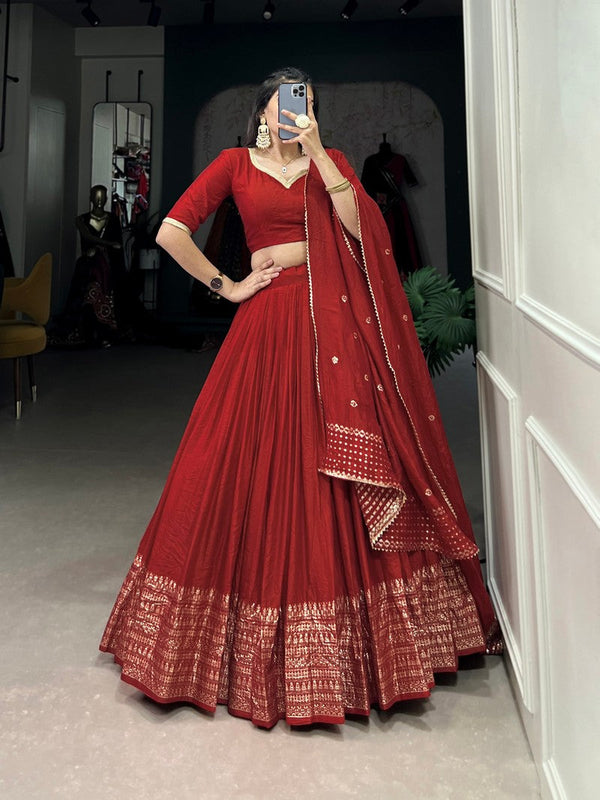 Magnetic Red Color Chanderi Fabric Party Wear Lehenga