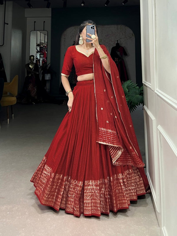 Magnetic Red Color Chanderi Fabric Party Wear Lehenga