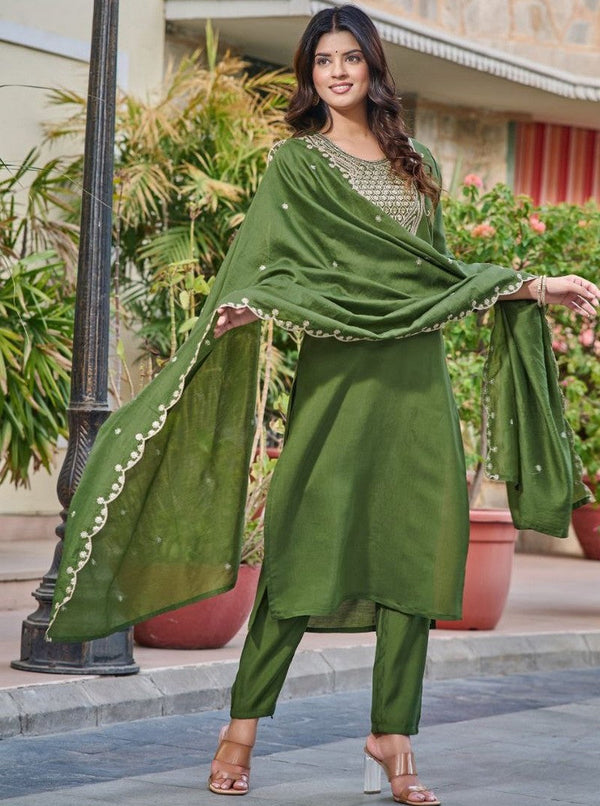 Beautiful Green Color Rayon Fabric Designer Suit