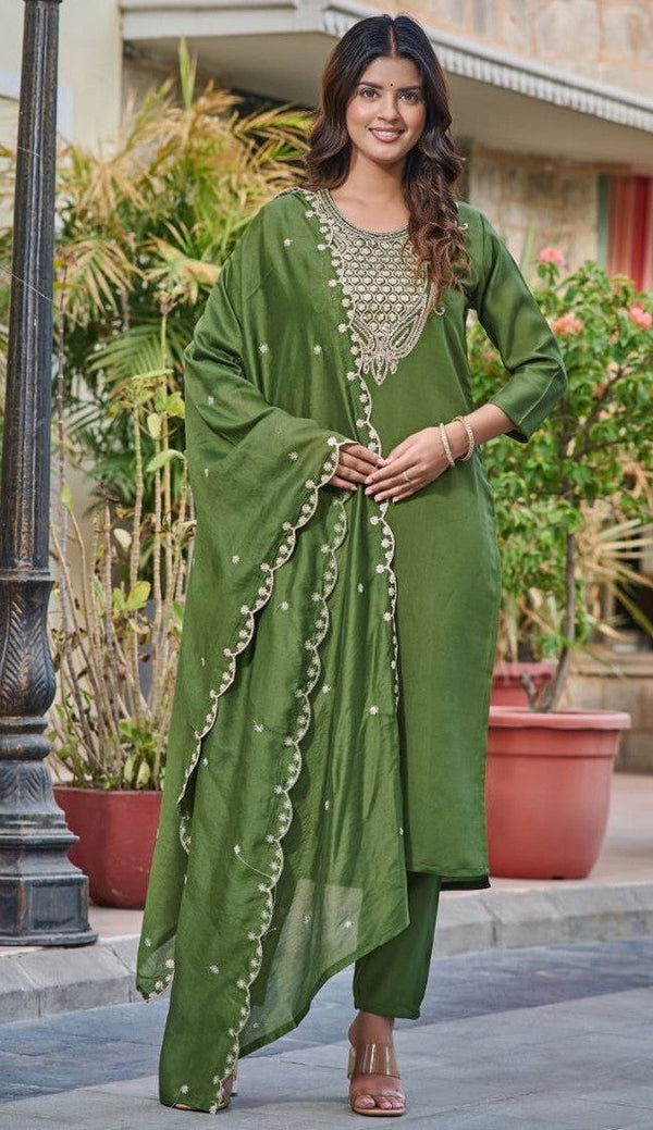 Beautiful Green Color Rayon Fabric Designer Suit