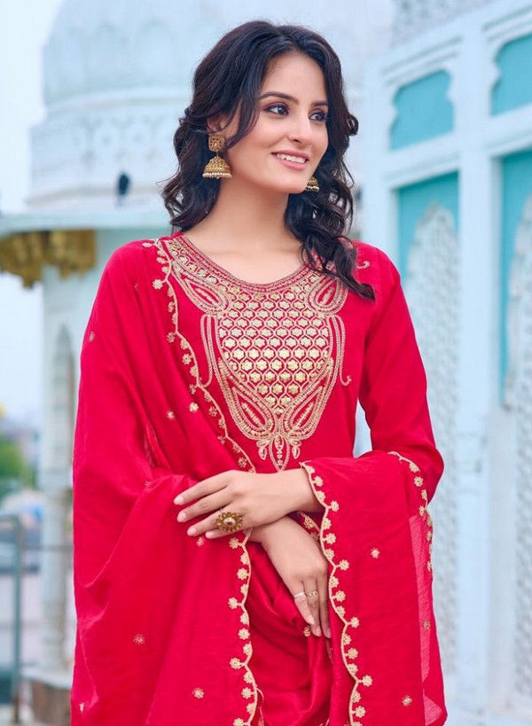 Beautiful Red Color Rayon Fabric Designer Suit