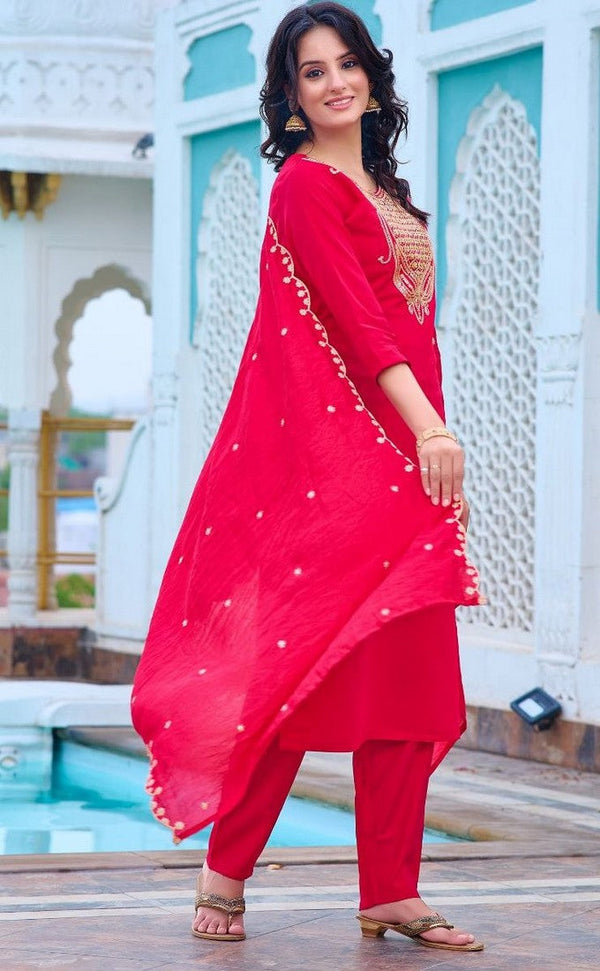 Beautiful Red Color Rayon Fabric Designer Suit