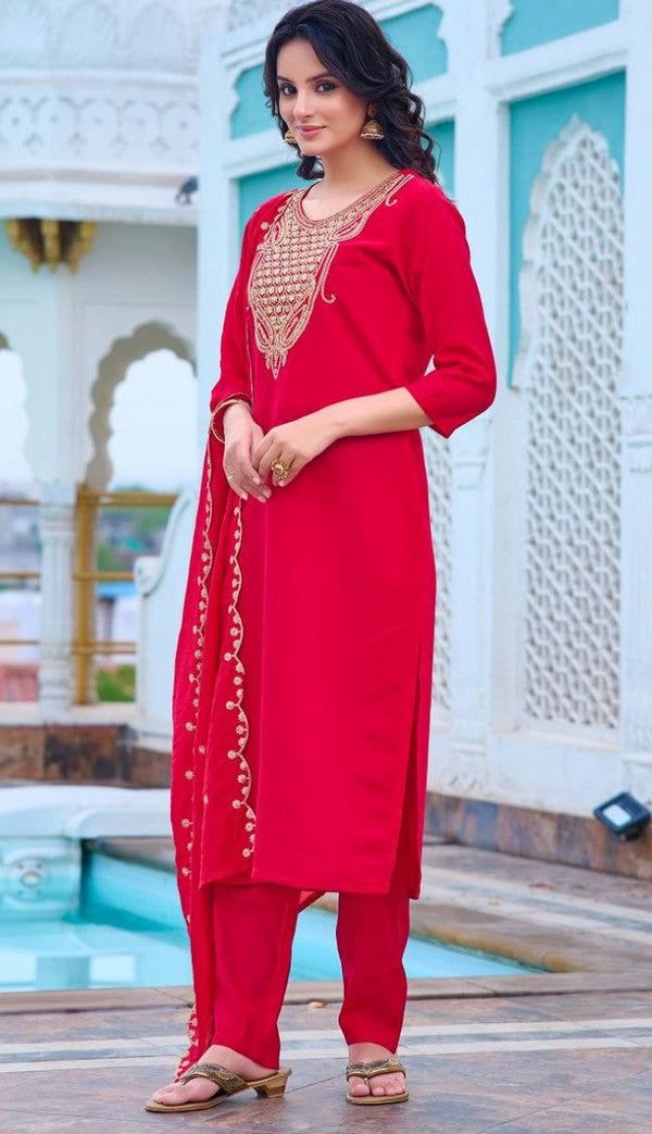 Beautiful Red Color Rayon Fabric Designer Suit