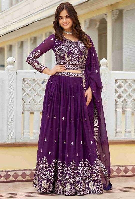 Magnetic Purple Color Georgette Fabric Party Wear Lehenga