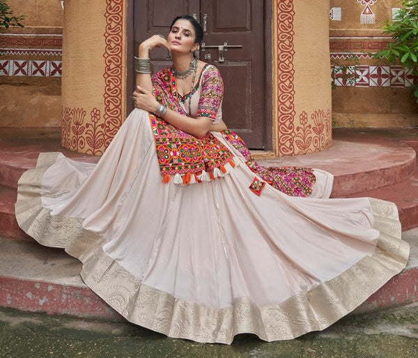 Superb Cream Color Rayon Fabric Party Wear Lehenga