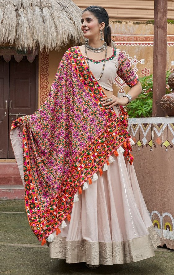 Superb Cream Color Rayon Fabric Party Wear Lehenga