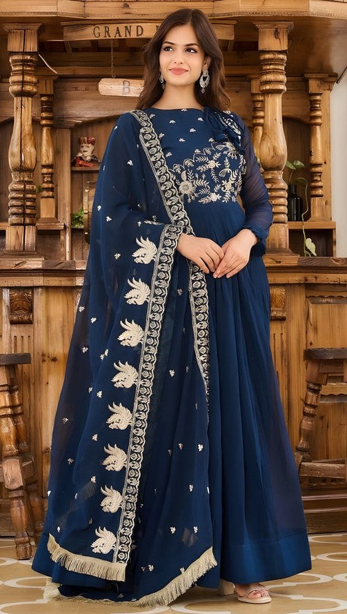 Divine Blue Color Georgette Fabric Gown