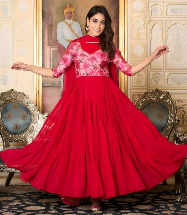 Pretty Red Color Georgette Fabric Gown With Dupatta