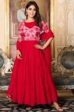 Pretty Red Color Georgette Fabric Gown With Dupatta