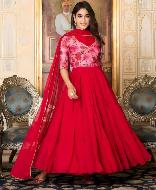 Pretty Red Color Georgette Fabric Gown With Dupatta