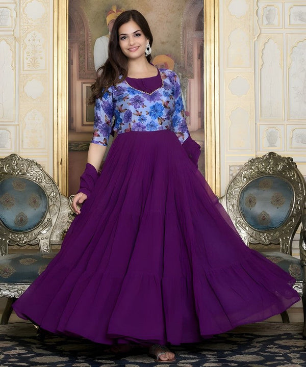 Pretty Purple Color Georgette Fabric Gown With Dupatta