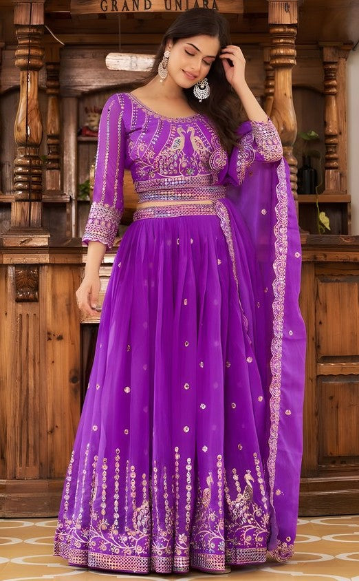 Dazzling Purple Color Georgette Fabric Party Wear Lehenga