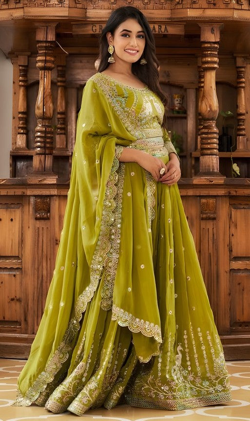 Dazzling Green Color Georgette Fabric Party Wear Lehenga