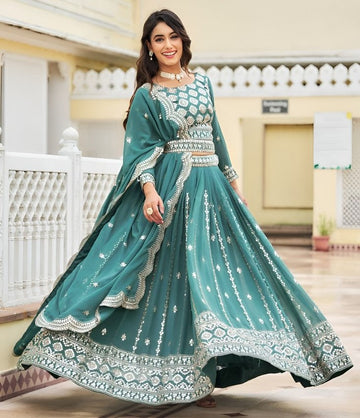 Lovely Turquoise Color Georgette Fabric Party Wear Lehenga