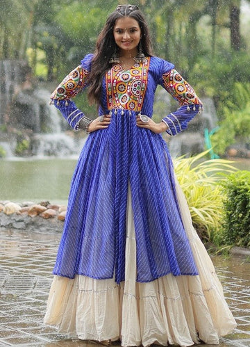 Lovely Blue Color Cotton Fabric Designer Kurti With Lehenga