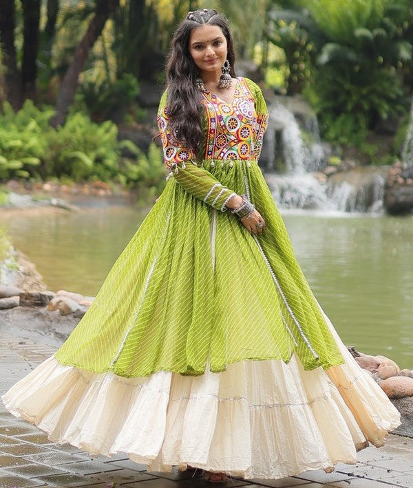 Lovely Green Color Cotton Fabric Designer Kurti With Lehenga