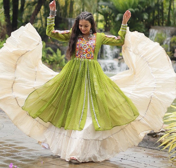 Lovely Green Color Cotton Fabric Designer Kurti With Lehenga