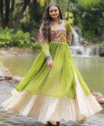 Lovely Green Color Cotton Fabric Designer Kurti With Lehenga