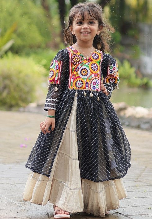 Charming Black Color Cotton Fabric Girl Kurti With Lehenga Set