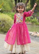 Charming Pink Color Cotton Fabric Girl Kurti With Lehenga Set