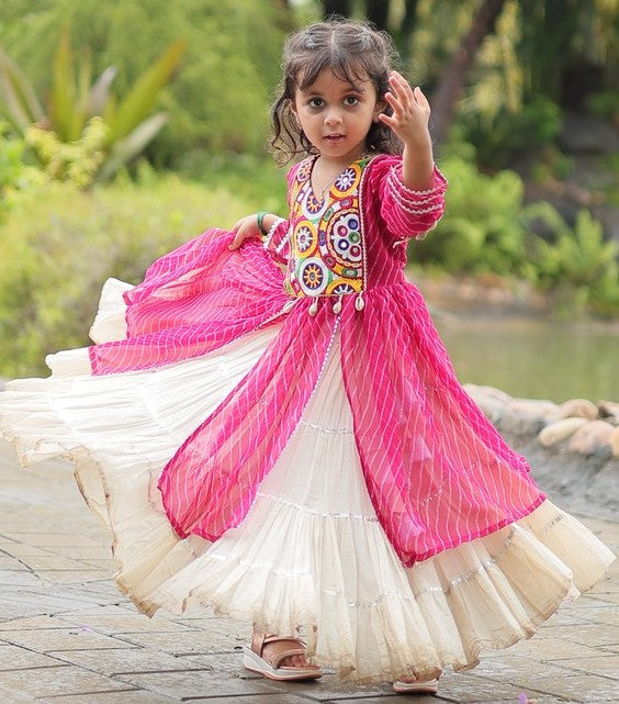 Charming Pink Color Cotton Fabric Girl Kurti With Lehenga Set