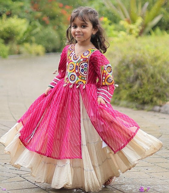 Charming Pink Color Cotton Fabric Girl Kurti With Lehenga Set