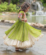 Charming Green Color Cotton Fabric Girl Kurti With Lehenga Set