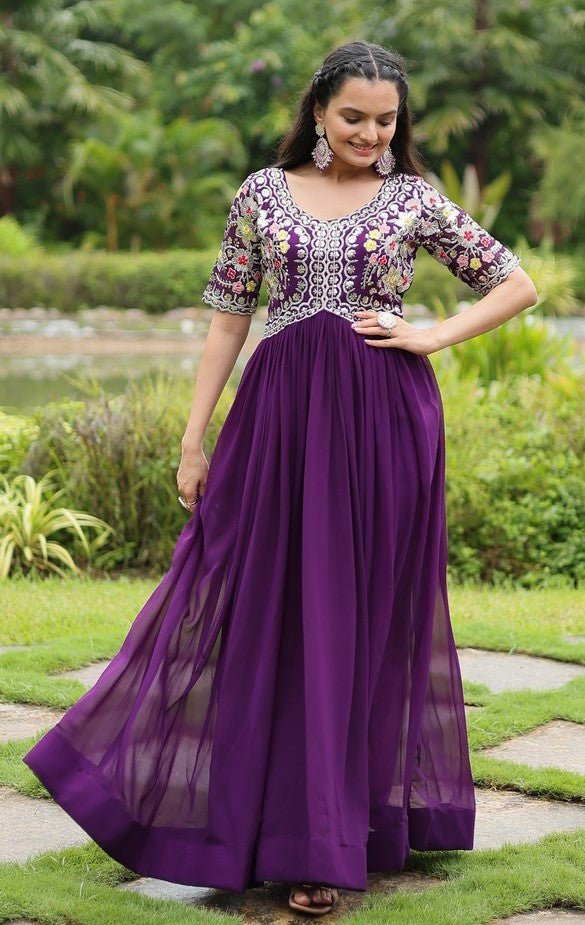 Beautiful Purple Color Blooming Fabric Gown