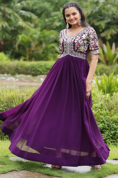 Beautiful Purple Color Blooming Fabric Gown