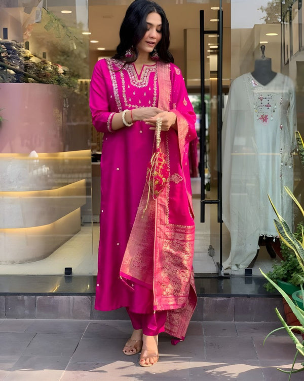 Amazing Pink Color Chanderi Fabric Designer Suit