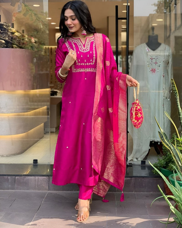 Amazing Pink Color Chanderi Fabric Designer Suit