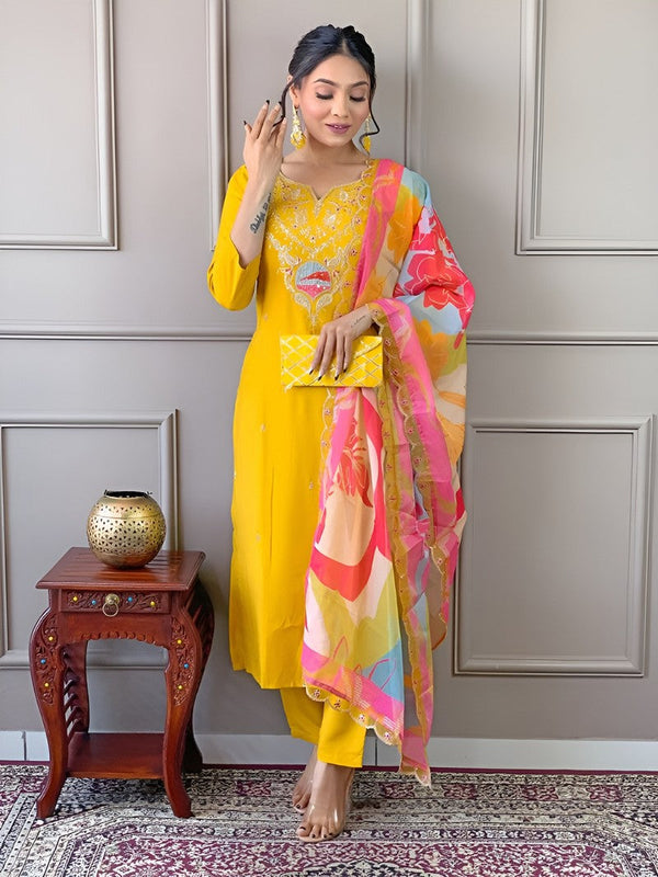 Amazing Yellow Color Viscose Fabric Designer Suit