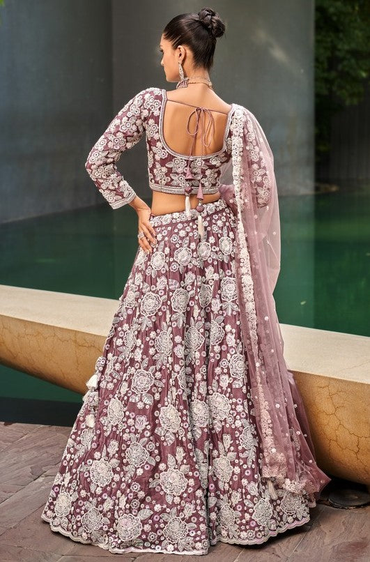 Magnetic Purple Color Satin Fabric Party Wear Lehenga