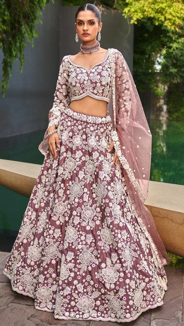 Magnetic Purple Color Satin Fabric Party Wear Lehenga